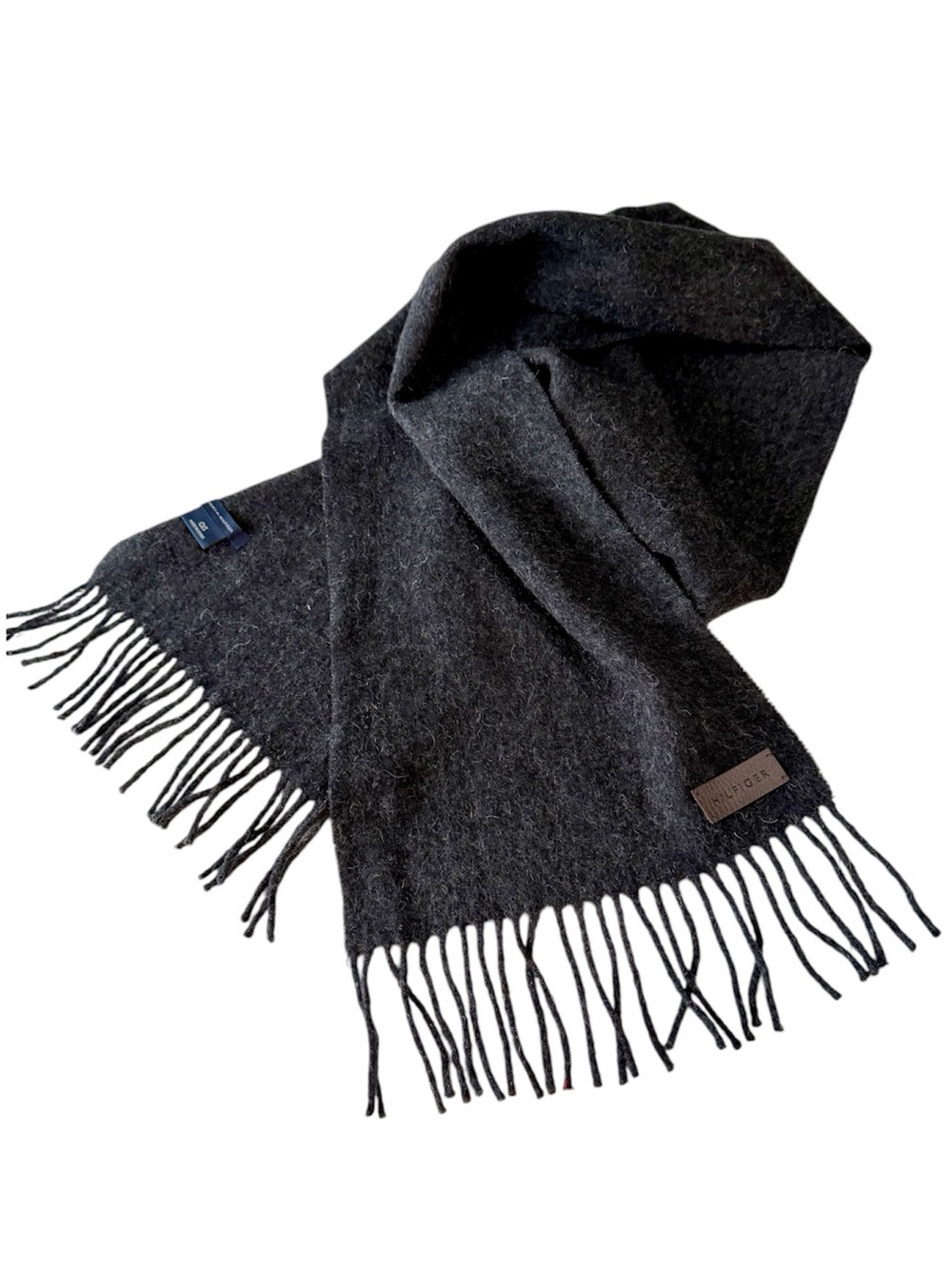 Tommy Hilfiger 100% Lambswool Charcoal Gray Fringe Scarf Soft Winter 63x10.5